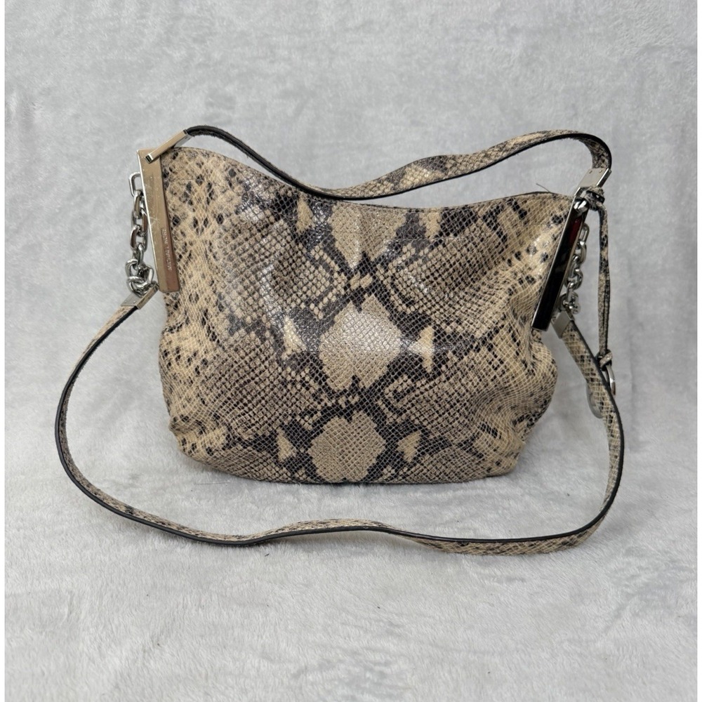 Michael Kors Snake Embossed Hobo Shoulder Bag Crossbody Strap Silver Brown Black
